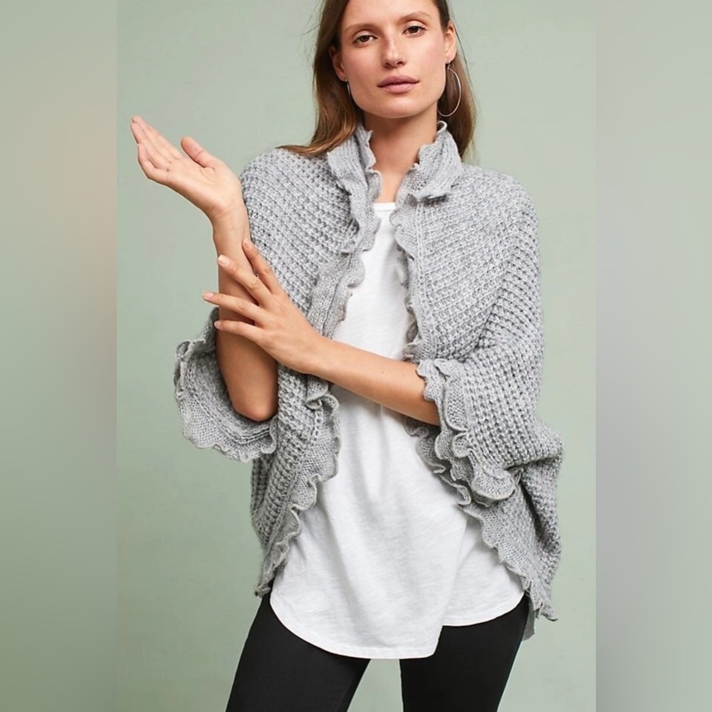 Anthropologie MOTH Rocia Ruffle Trim Open Cardigan Sweater Crocheted Gray XS